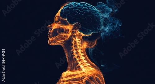 A woman's neck and head in profile, the human body is highlighted with glowing orange color to show her spine from which smoke emerges, a brain made of dark blue smoke rises above it.  photo