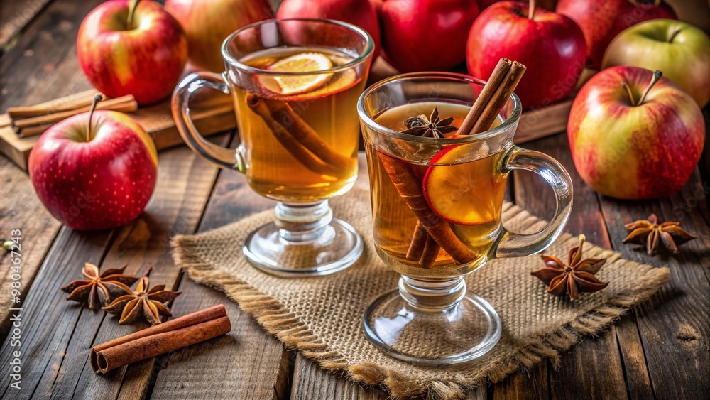 Freshly brewed homemade apple cider served in two inviting glasses with cinnamon sticks and apple slices, surrounded by crisp red apples on a rustic table. Freshly brewed homemade apple cider served in two inviting glasses with cinnamon sticks and apple slices, surrounded by crisp red apples on a rustic table.