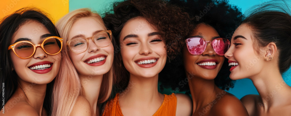 Group of diverse women smiling together in colorful outfits Group of diverse women smiling together in colorful outfits