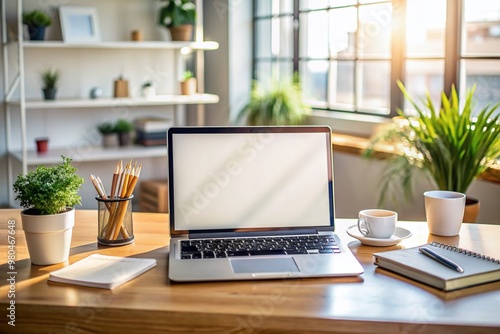 Modern laptop with blank white screen on a clutter-free home office desk surrounded by few office supplies, perfect for showcasing websites, designs, and projects.