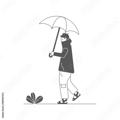 Man sad in the bad weather holding umbrella