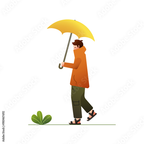 Man sad in the bad weather holding umbrella