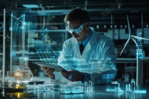 A focused scientist wearing goggles analyzes data on a tablet. The lab environment is modern and features futuristic technology. This image represents innovation in research. Generative AI