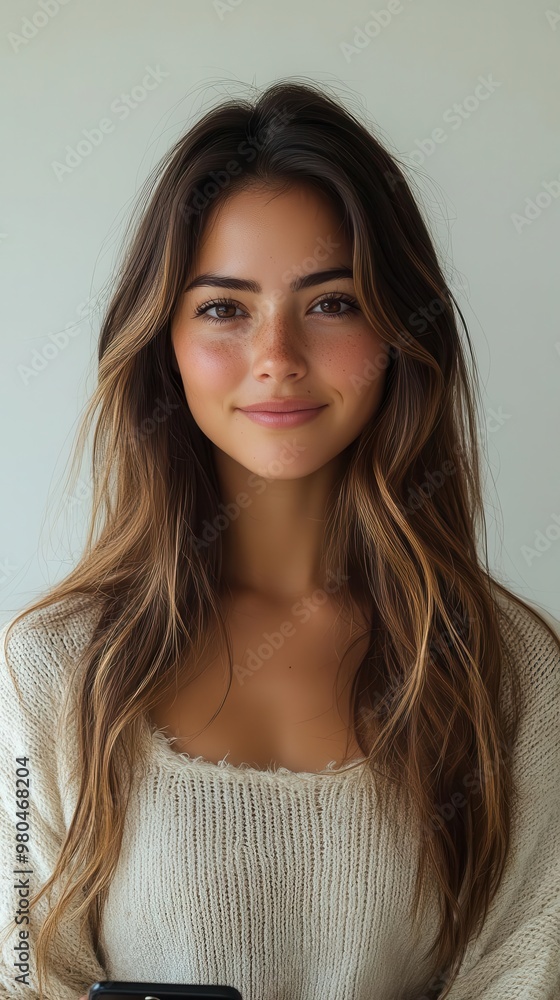 smiling latin american woman using smartphone casual style warm lighting genuine expression white background studio shot smiling latin american woman using smartphone casual style warm lighting genuine expression white background studio shot