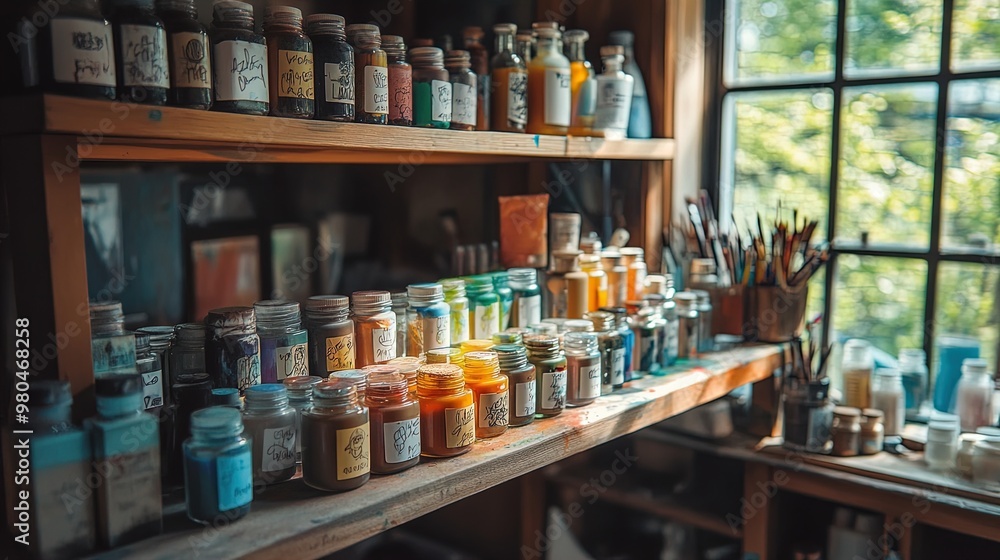 Vibrant Artist's Studio: Colorful Paint in Unique Glass Containers - Perfect Poster for Creative Spaces and Inspiring Interiors Vibrant Artist's Studio: Colorful Paint in Unique Glass Containers - Perfect Poster for Creative Spaces and Inspiring Interiors