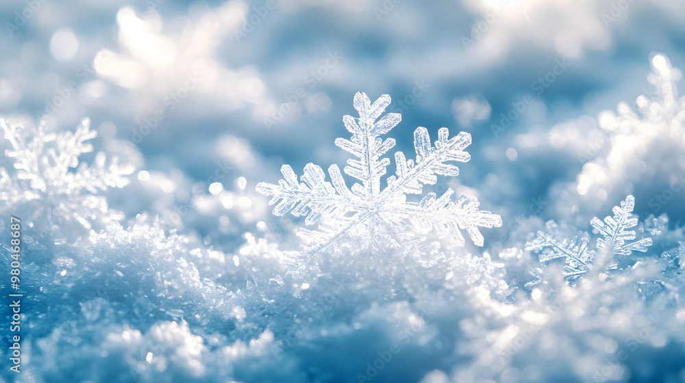 Snow in winter close-up. Macro image of snowflakes, winter holiday background Snow in winter close-up. Macro image of snowflakes, winter holiday background
