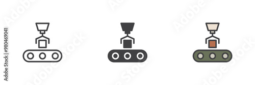 Robotic arm conveyor belt different style icon set