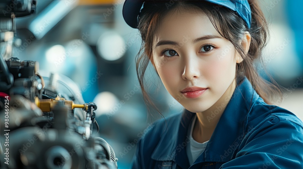 Young Woman in Blue Coveralls Leaning Against a Car Engine Young Woman in Blue Coveralls Leaning Against a Car Engine