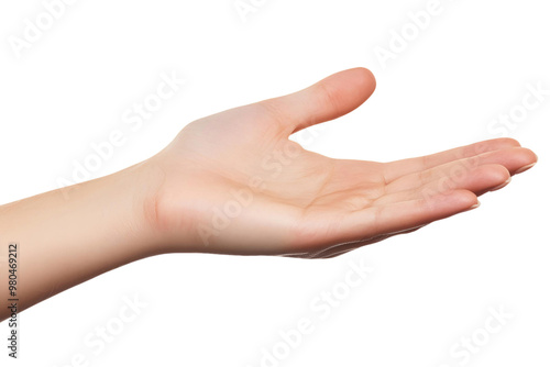 man with open hand, palm facing up, thumb and fingers outstretched, isolated on white background, showing empty hand gesture, giving symbol, concept of care and help