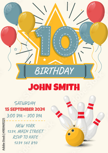 Children's birthday invitation card with bowling ball and pins. Vector illustration.  10 st