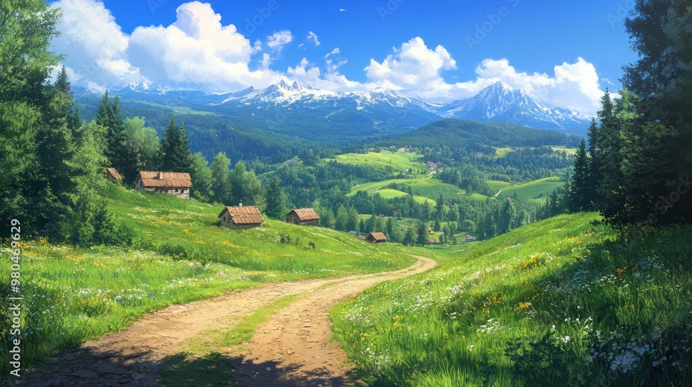 A dirt road leading through a green valley surrounded by tall trees and distant mountains, with a few traditional houses scattered across the landscape, under a bright blue sky A dirt road leading through a green valley surrounded by tall trees and distant mountains, with a few traditional houses scattered across the landscape, under a bright blue sky