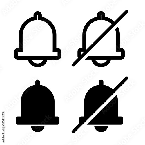 Silent, mute or sound notification bell icon for incoming messages, reminder, alarm symbol, tone, call, clip art buttons, smart phone, app, tv, mobile, internet, music, mail. Vector illustration