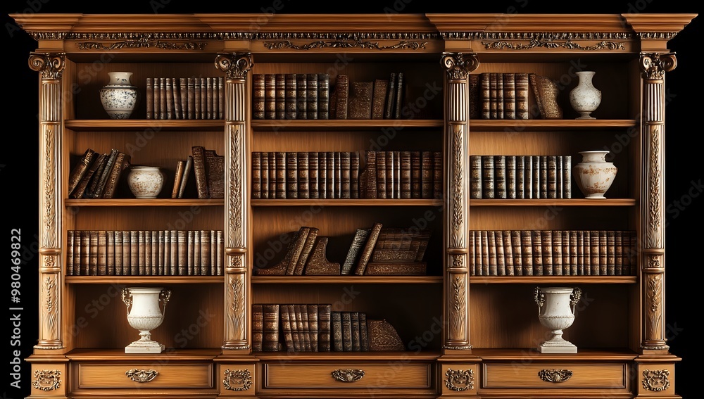 Ornate wooden bookcase filled with leather bound books and decorative vases. Ornate wooden bookcase filled with leather bound books and decorative vases.
