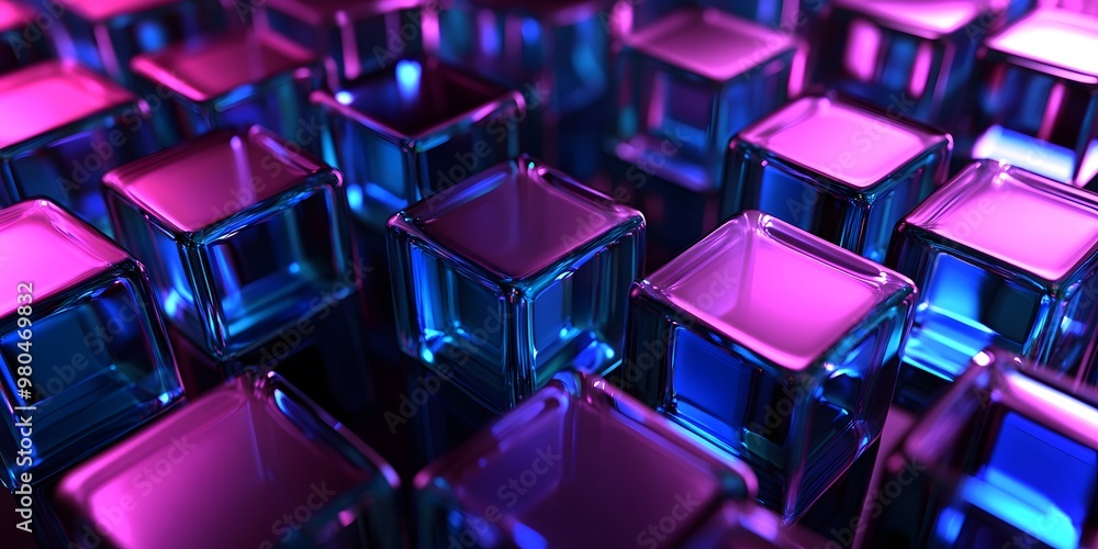 3D render, an abstract geometri background with neon cubs blue and purple lights shining on the wall blocks 3D render, an abstract geometri background with neon cubs blue and purple lights shining on the wall blocks