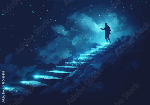 Businessman Illuminating Career Growth Hidden Path at Night with Flashlight Discovery Concept Minimalistic Vector Illustration