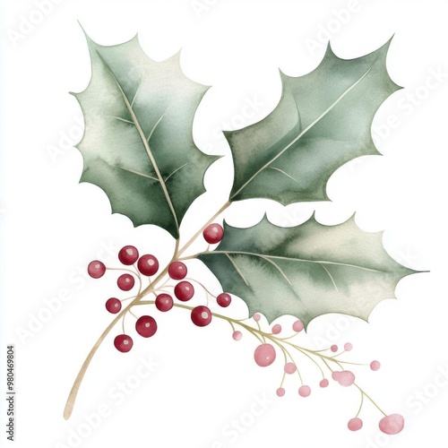 Elegant holly leaves with red berries, perfect for festive designs and holiday decorations.