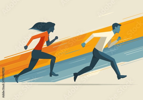 Business Competition and Achievement Concept with Businesspeople Running Towards the Goal, Minimalistic Vector Illustration Depicting Professional Rivalry, Success, and Ambitious Endeavors