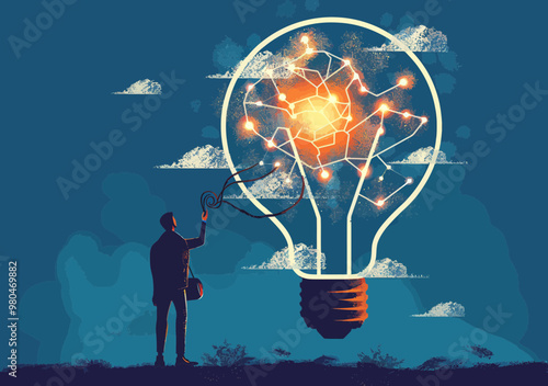 Businessman Plugging into Giant Lightbulb with Network Connections, Illustration of Innovation and Creative Ideas Concept, Digital and Technological Breakthrough Depicted in Evening Setting