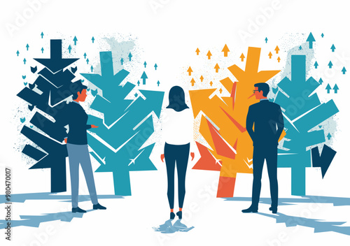 Business Team Considering Direction Options with Arrows Pointing in Various Ways, Concept of Decision Making and Selection Strategy, Vector Illustration