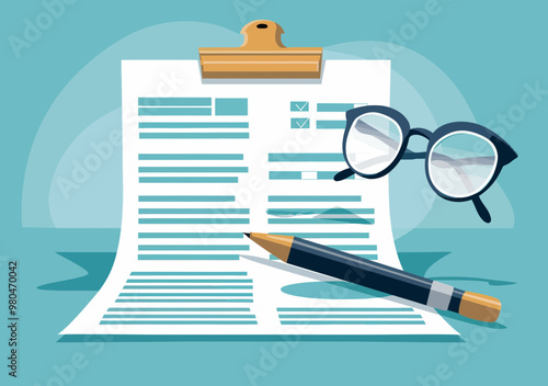 Minimalistic business tax form with clipboard, eyeglasses, and pencil for accounting and auditing, financial analysis concept in a modern vector illustration