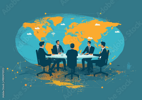 Global Trade Strategy Meeting, Business Team Discussion Around World Map, Corporate Investment Planning, Vector Illustration, Teamwork and International Commerce Collaboration