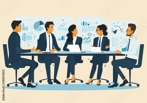 Business Strategy Team Meeting in Office Discussing Growth Objectives and Analyzing Data on Charts and Graphs, Vector Illustration, Professional Collaboration, Corporate Environment, Daytime
