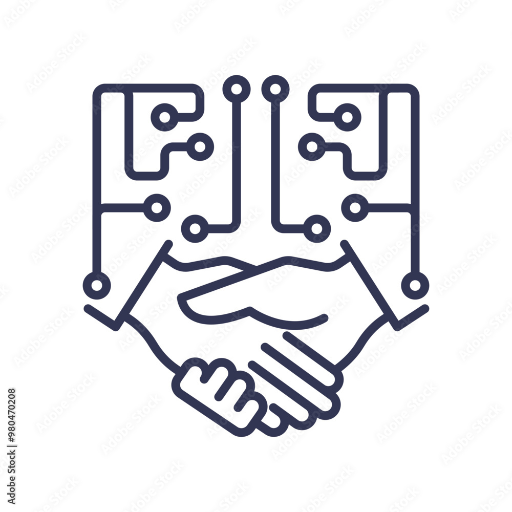 Illustration of a handshake with circuit lines, symbolizing technology-driven client partnerships. Illustration of a handshake with circuit lines, symbolizing technology-driven client partnerships.