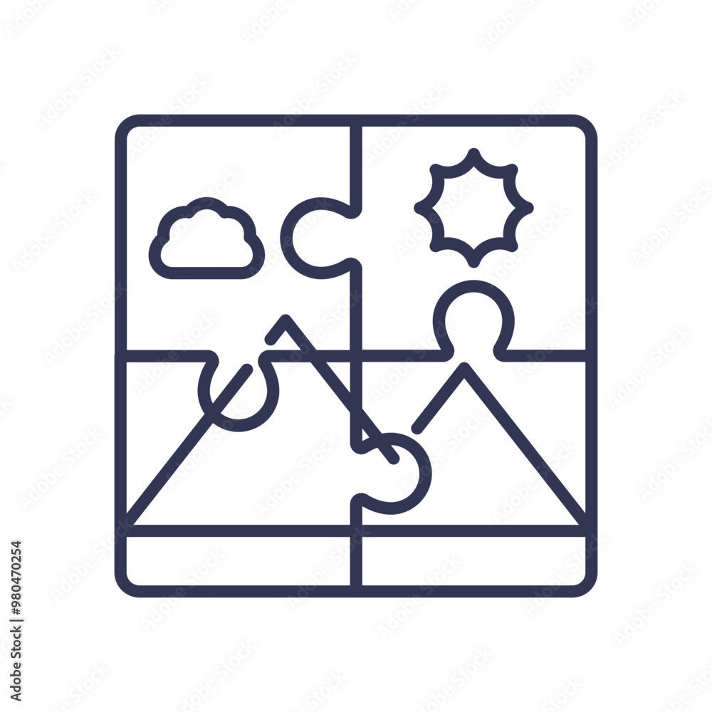 Puzzle pieces forming a landscape with a cloud, sun, and mountains, symbolizing interconnected components. Puzzle pieces forming a landscape with a cloud, sun, and mountains, symbolizing interconnected components.