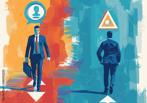 Business Leadership and Direction Concept Illustration with Two Paths Chosen by Businessmen Highlighting Decision Making and Guidance in Corporate Environment