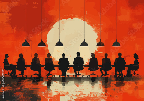 Leader Presenting Strategic Plan at Business Meeting in Modern Setting with Colleagues Sitting Around Table and Bright Abstract Background, Minimalistic Vector Illustration