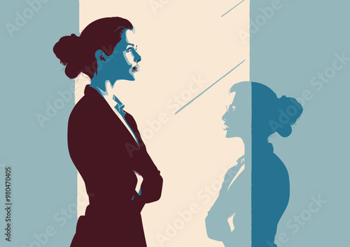 Businesswoman in Office Dreaming of Success by Gazing at Her Shadow, Symbolizing Ambition, Goals, Vision, and Future Aspirations in Corporate Career, Inspirational and Motivational Concept Art