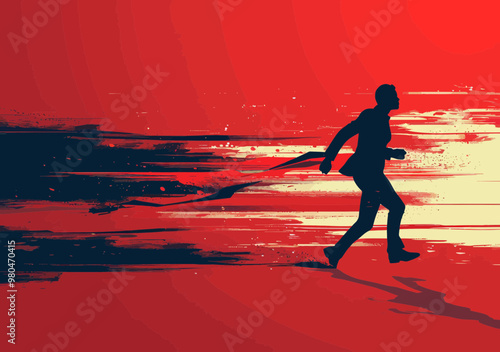 Business Leader Breaking the Finish Line in Dynamic Run, Concept of Success, Achievement, and Winning, Minimalistic Vector Illustration