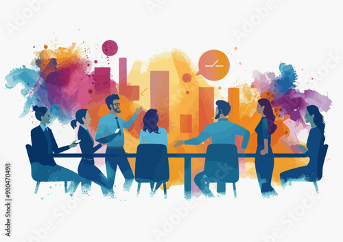 Successful Business Team Meeting Discussing Project Outcomes with Colorful Charts in Office Setting, Team Collaboration in Modern Vector Illustration, Creative Business Success Concept