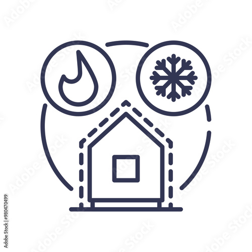 Illustration of a house with fire and snowflake icons, symbolizing thermal insulation for both heat and cold.