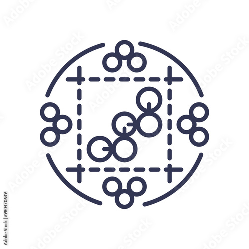 Abstract representation of molecular activity with interconnected circles and lines symbolizing molecular interactions.