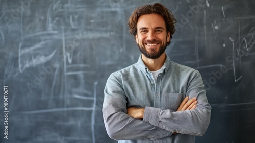 A friendly teacher standing in front of a chalkboard, arms crossed, smiling confidently Close-up photo with clean background