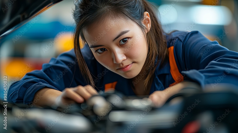 Focused Female Mechanic Inspecting Engine Components Focused Female Mechanic Inspecting Engine Components