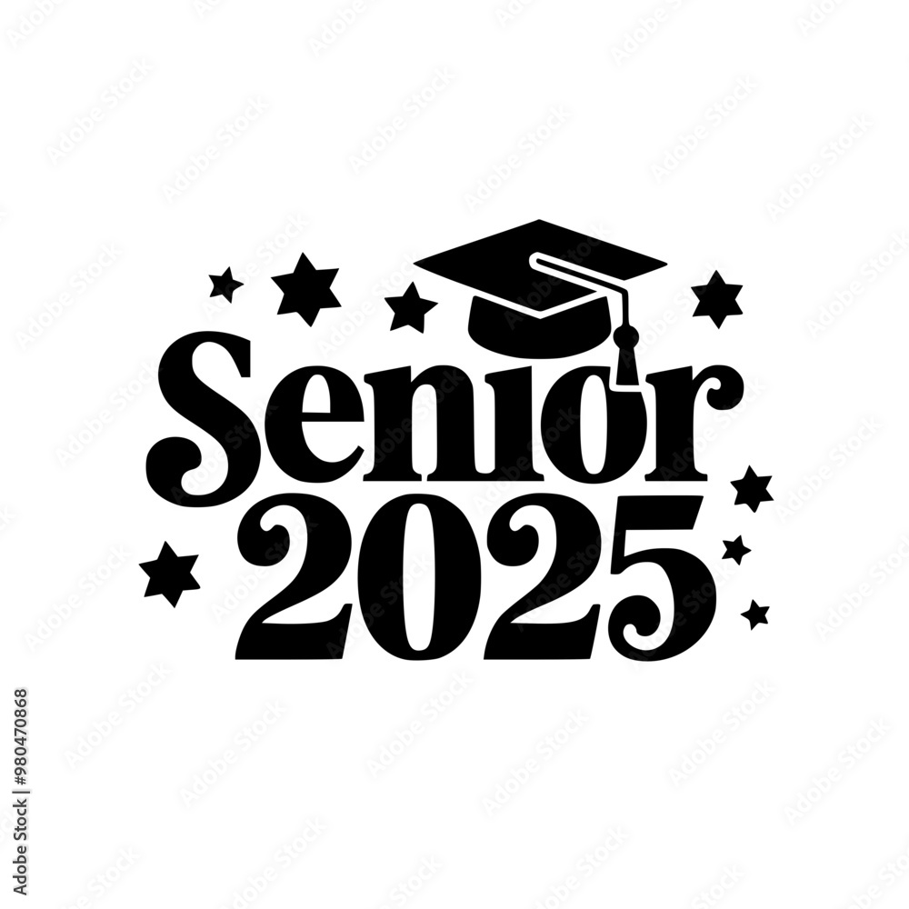 Senior 2025 Graduation Design with Cap and Stars, Bold "Senior 2025" graduation design featuring