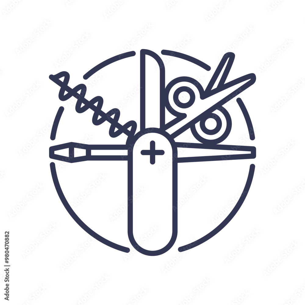 A multi-tool icon symbolizing versatility with scissors, knife, screwdriver, and corkscrew. A multi-tool icon symbolizing versatility with scissors, knife, screwdriver, and corkscrew.