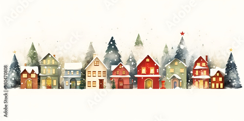 Christmas village scene in watercolor, showcasing cozy holiday buildings on a clean white backdrop