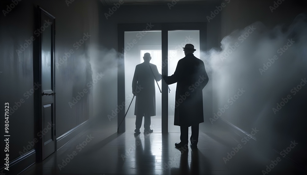 Fototapeta premium A tall freestanding mirror in a dark hallway, reflecting shadows and creating a mysterious atmosphere