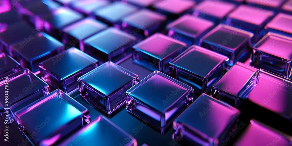 Obraz premium 3D render, an abstract geometri background with neon cubs blue and purple lights shining on the wall blocks