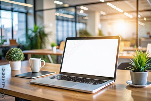 Laptop pc mock up template design on office workplace desk, white mockup empty blank computer screen on office work table business web technology at modern workspace, closeup