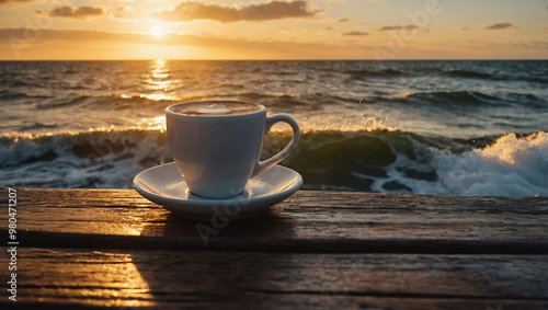 Takeaway cup of hot coffee resting on a wooden pier, with ocean waves and a golden sunrise in the distance.