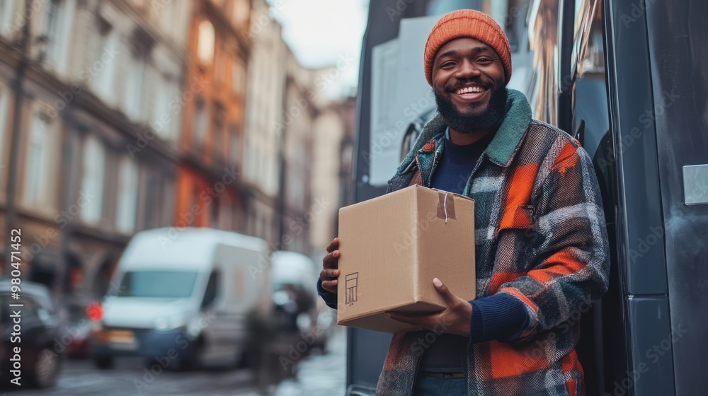 A happy delivery person holding a package, standing next to a delivery van in an urban street Close-up photo with clean background A happy delivery person holding a package, standing next to a delivery van in an urban street Close-up photo with clean background