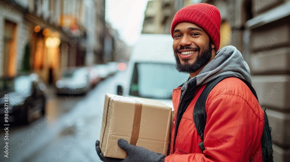 A happy delivery person holding a package, standing next to a delivery van in an urban street Close-up photo with clean background A happy delivery person holding a package, standing next to a delivery van in an urban street Close-up photo with clean background