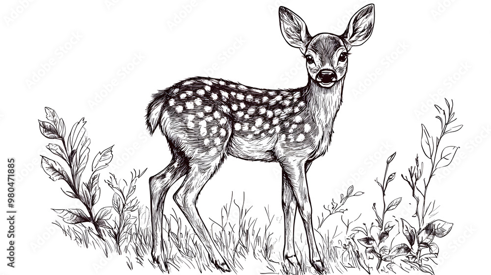 A black ink sketch of little deer, isolated on white background A black ink sketch of little deer, isolated on white background