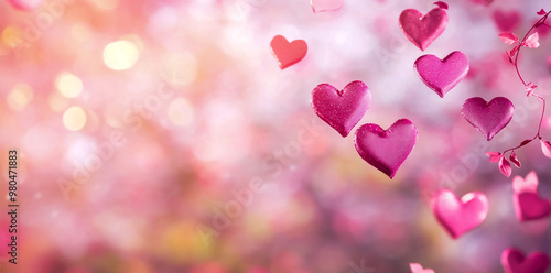 Valentine's Day background with pink hearts on a blurred, bokeh-style pastel background.