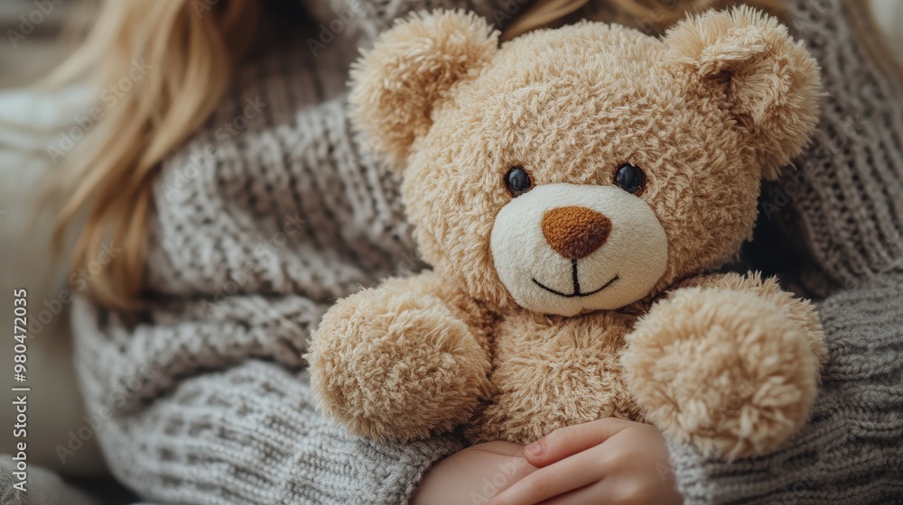 Close-Up of a Child's Hand Holding a Cute Teddy Bear Toy, with a Woman in a Knitted Sweater in the Background, Highlighting Plush Textures in a Warm and Cozy Atmosphere
Close-Up of a Child's Hand Holding a Cute Teddy Bear Toy, with a Woman in a Knitted Sweater in the Background, Highlighting Plush Textures in a Warm and Cozy Atmosphere