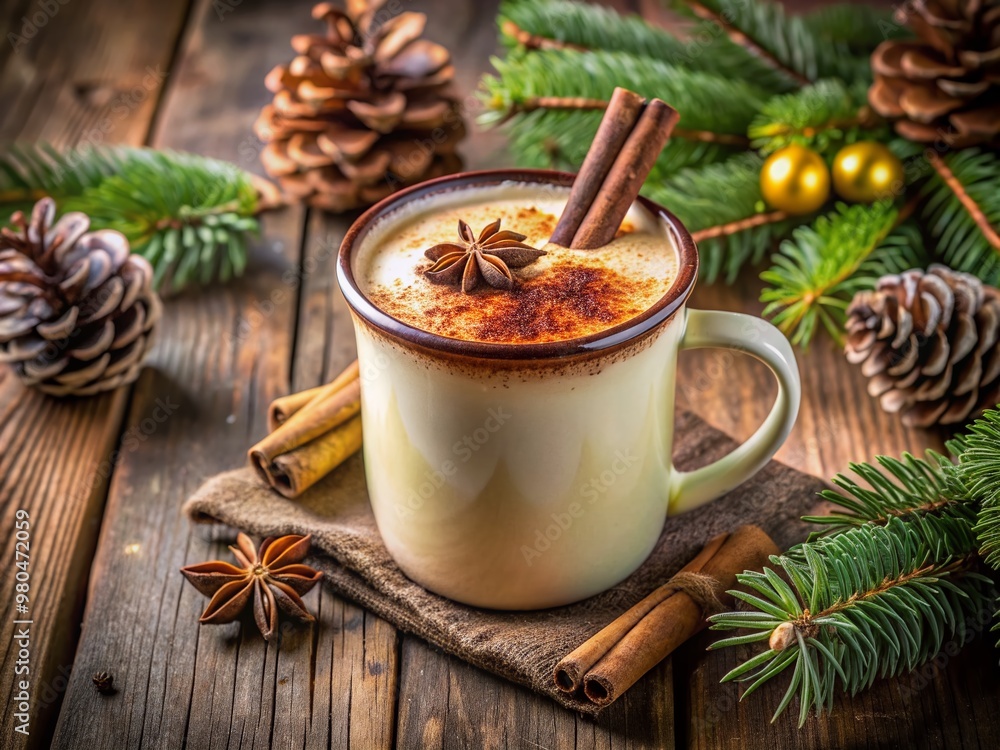 Freshly poured creamy eggnog filling a decorative mug, garnished with a sprinkle of warm nutmeg on top, set against a rustic wooden table background. Freshly poured creamy eggnog filling a decorative mug, garnished with a sprinkle of warm nutmeg on top, set against a rustic wooden table background.